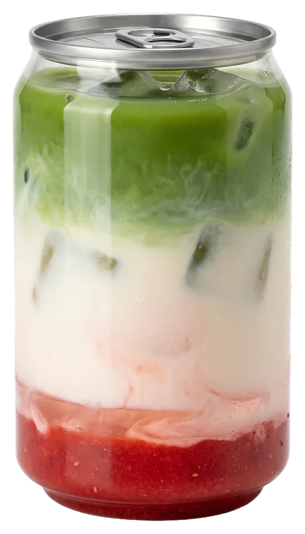 Rosy Strawberry Matcha in der Dose: unten Erdbeerpüree, in der Mitte Milch mit Eis, oben Matcha