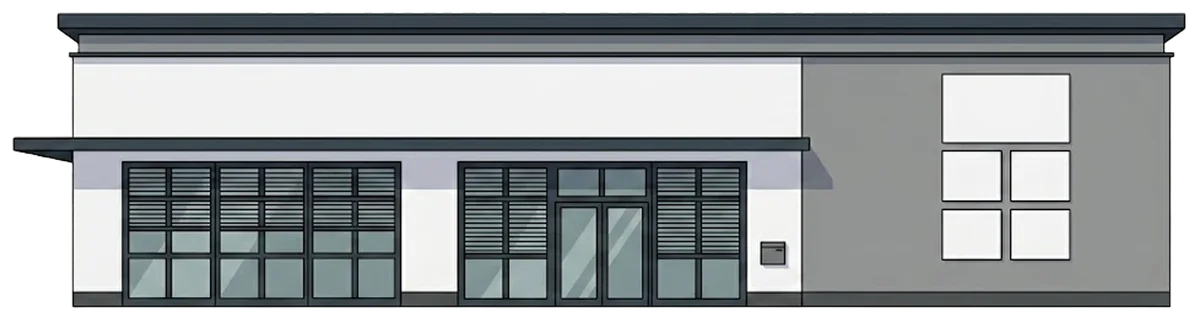 Die Fassade der PiBoSa & Friends Foodhall Göttingen mit dem Eingang, stilisiert gezeichnet