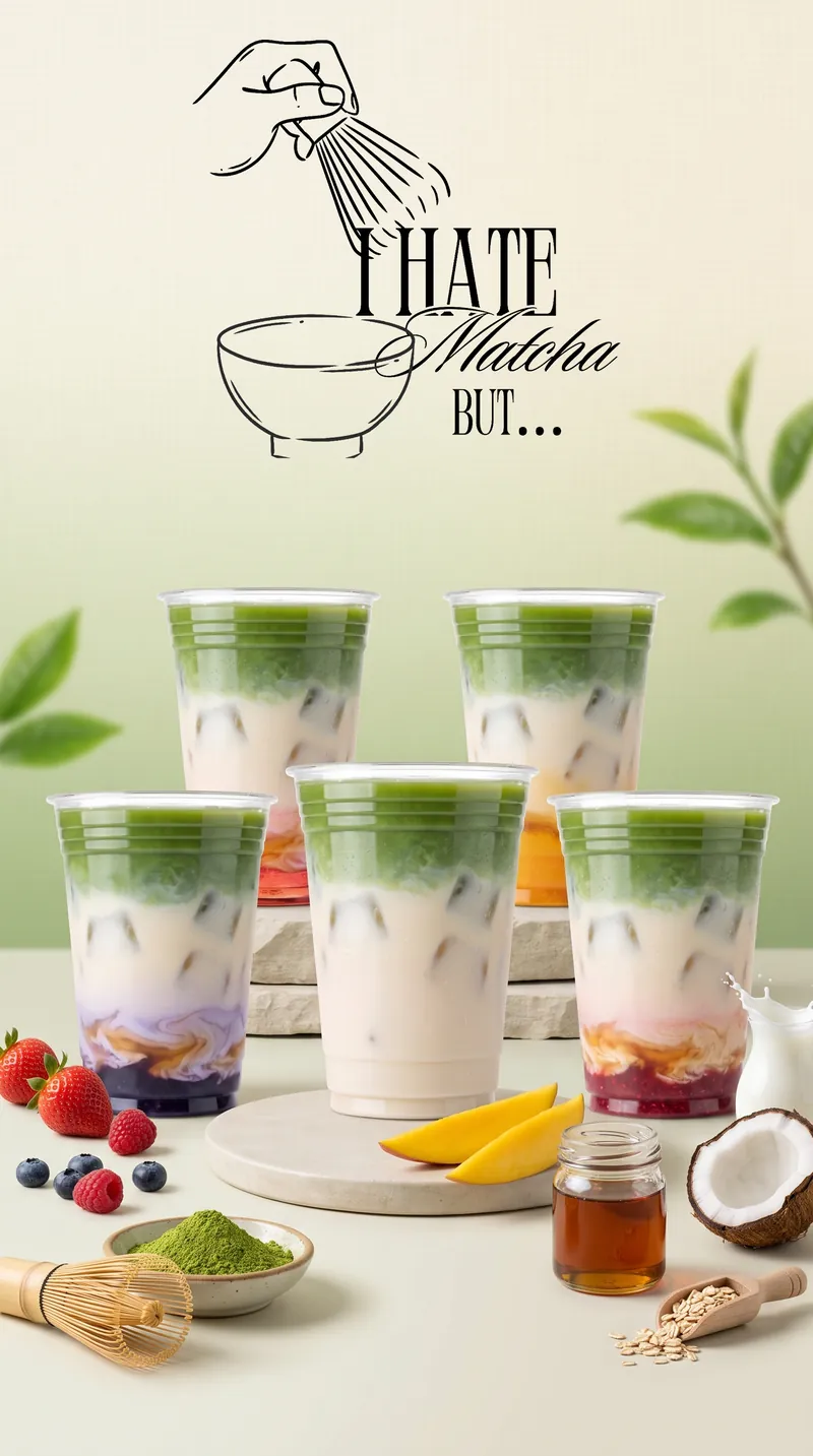 Fünf Matcha-Lattes zwischen Erdbeeren, Mango, Kokos und Matchapulver