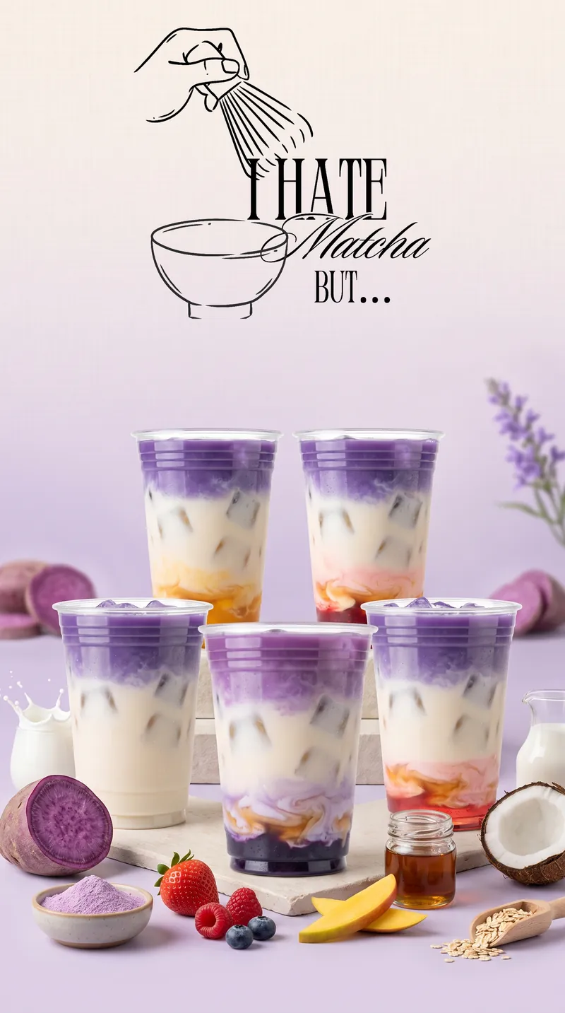 Fünf Ube-Lattes zwischen Beeren, Mango, Kokos und lila Ube-Pulver